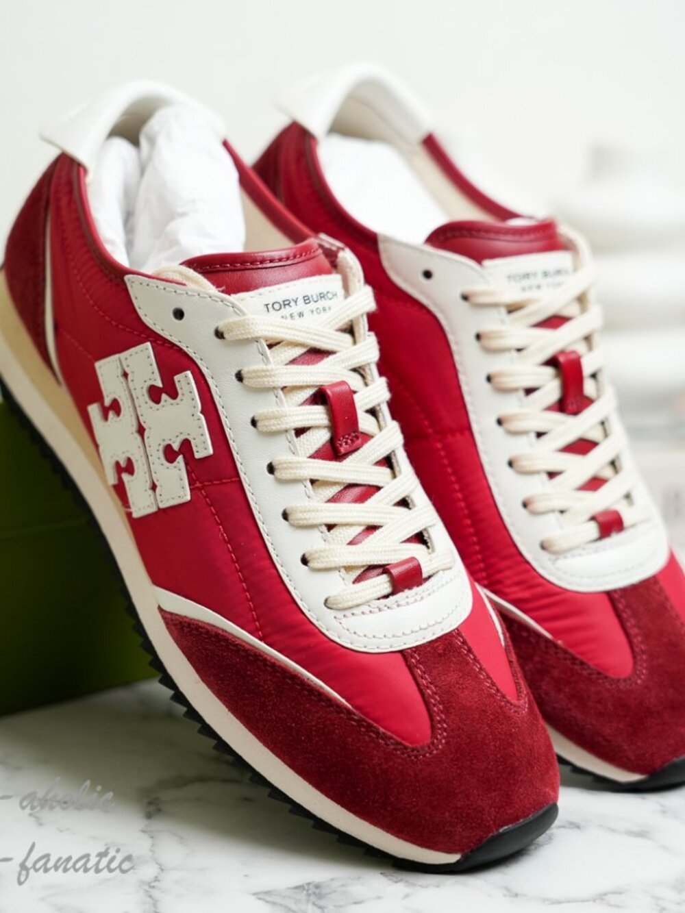 Tory Burch T-Logo Nylon Suede Vintage Sneaker 2.0 in Tory Red / White NIB